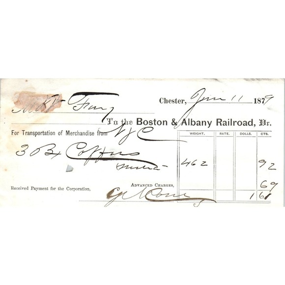 1879 Boston & Albany Railroad Chester PA Original Waybill Receipt AE7 - Picture 1 of 2